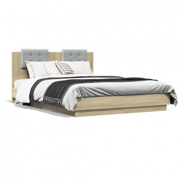 Lit tête de lit et lumières LED chêne sonoma 150x200cm