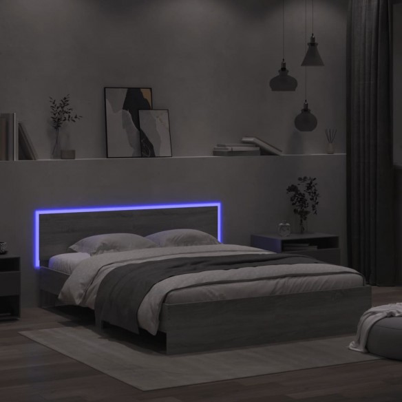 Lit avec tête de lit et LED sonoma gris 160x200 cm