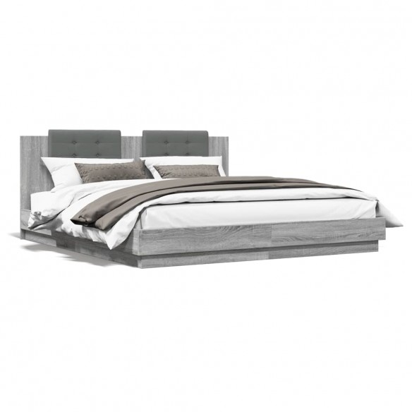 Lit tête de lit et lumières LED sonoma gris 200x200 cm