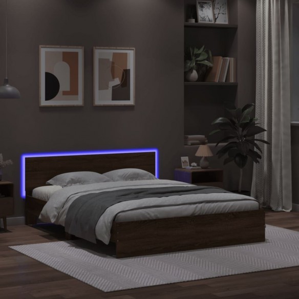 Lit avec tête de lit et LED chêne marron 160x200 cm