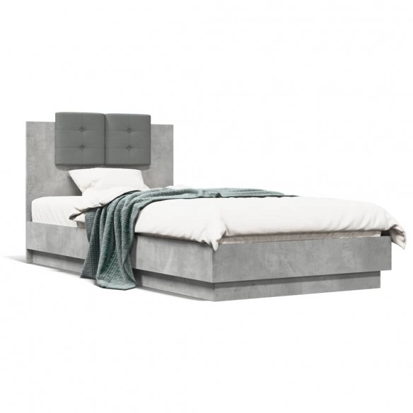 Lit tête de lit et lumières LED gris béton 75x190 cm