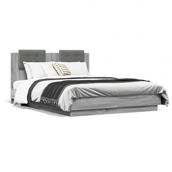 Lit tête de lit et lumières LED sonoma gris 135x190 cm