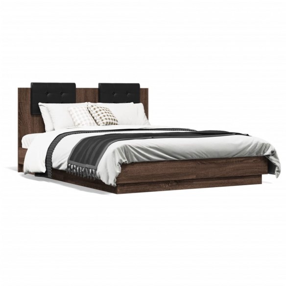 Lit tête de lit et lumières LED chêne marron 135x190cm