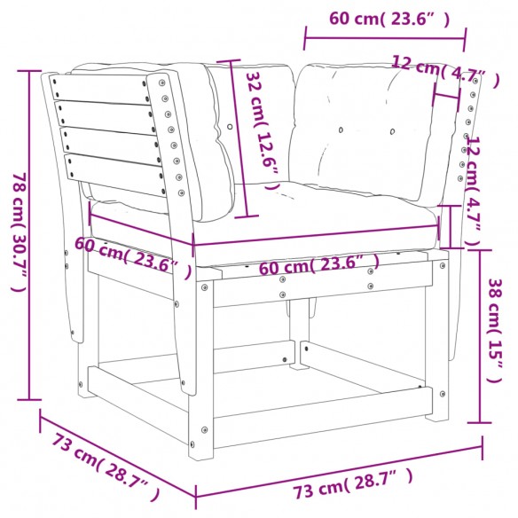 Canapé de jardin accoudoirs avec coussins bois pin imprégné