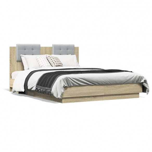 Lit tête de lit et lumières LED chêne sonoma 140x190cm