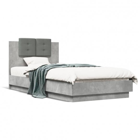 Lit tête de lit et lumières LED gris béton 90x190 cm