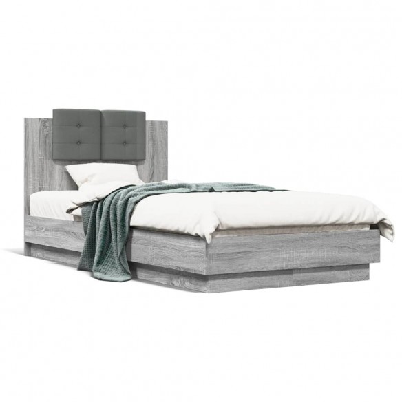 Lit tête de lit et lumières LED sonoma gris 90x190 cm
