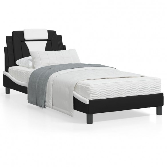 Lit avec matelas noir et blanc 90x190 cm similicuir