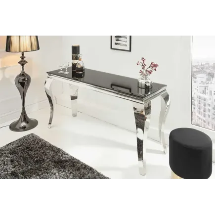Console élégante MODERN BAROCK 145cm verre opale noir pieds en acier inoxydable