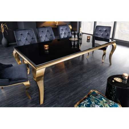 TABLE DE SALLE À MANGER 200cm DESIGN BAROQUE EN ACIER DORÉ ET VERRE OPALE NOIR