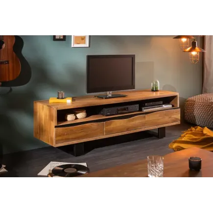 Meuble TV en bois massif d’acacia 160 cm – Design miel et noir avec rangements élégants