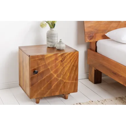 Table de chevet en bois massif de manguier – Design artisanal avec façade 3D sculptée
