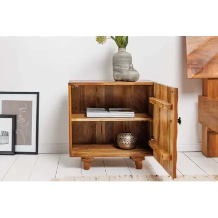 Table de chevet en bois massif de manguier – Design artisanal avec façade 3D sculptée 2