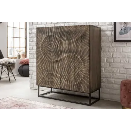Buffet haut en bois massif SCORPION 120 cm – Acacia gris avec sculptures 3D artistiques
