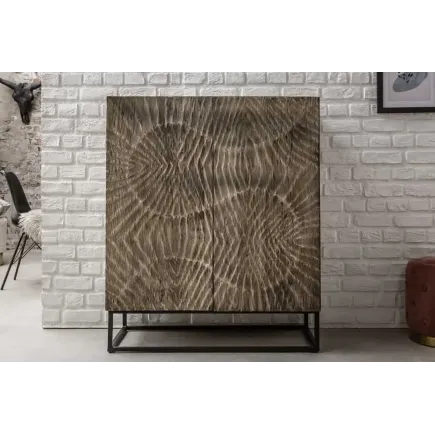 Buffet haut en bois massif SCORPION 120 cm – Acacia gris avec sculptures 3D artistiques 2