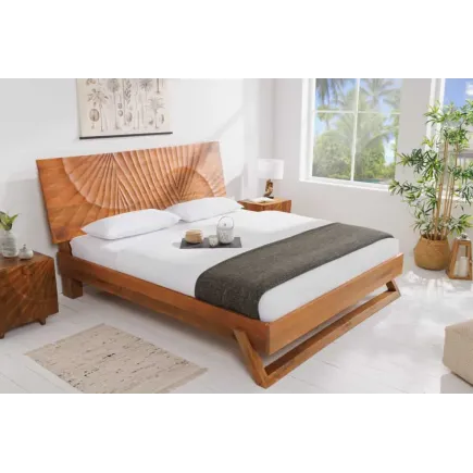 Lit double en bois massif de manguier 180 x 200 cm – Sculpté à la main, finition brune élégante