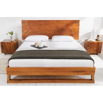 Lit double en bois massif de manguier 180 x 200 cm – Sculpté à la main, finition brune élégante 2