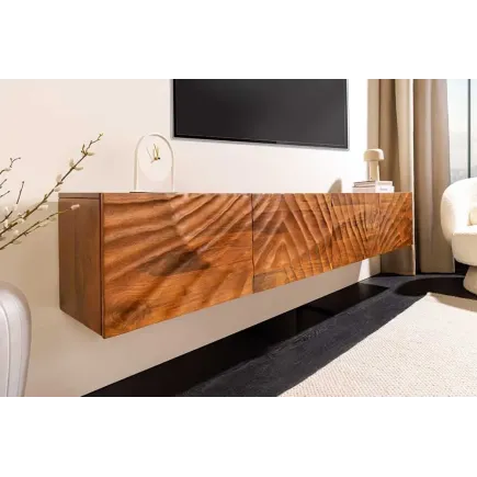 Meuble TV massif suspendu SCORPION 200 cm – Bois de manguier brun sculpté à la main, design moderne 2