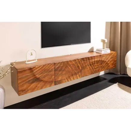 Meuble TV massif suspendu SCORPION 200 cm – Bois de manguier brun sculpté à la main, design moderne