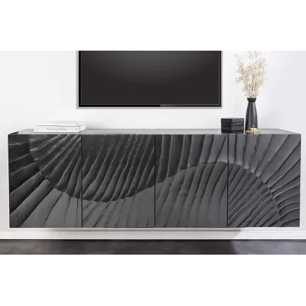 Buffet suspendu en bois massif de manguier noir 177 cm – Design artisanal sculpté à la main, grand espace de rangement 2