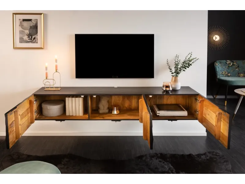 Meuble TV suspendu en bois massif de manguier – Style moderne – 160 cm