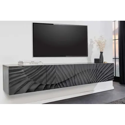 Meuble tv suspendu  SCORPION 200 cm – Bois massif de manguier noir, design suspendu sculpté 3D 2