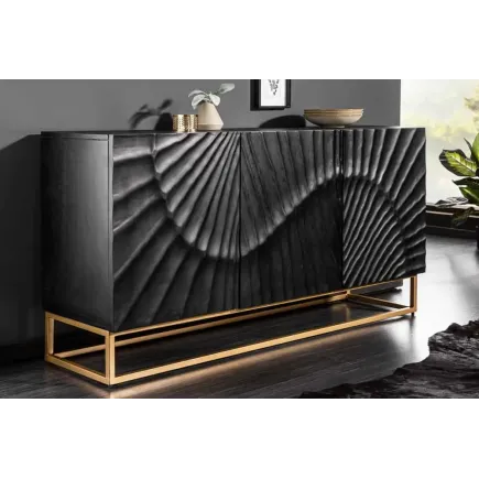Buffet SCORPION 140 cm – Bois massif de manguier noir, sculpté à la main, piètement doré