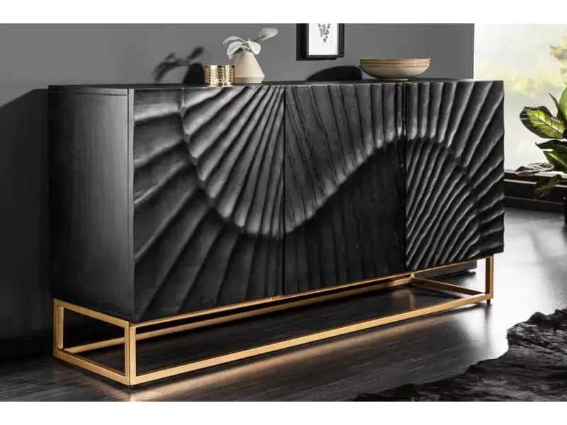 Buffet SCORPION 140 cm – Bois massif de manguier noir, sculpté à la main, piètement doré
