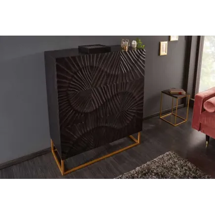 Buffet haut SCORPION 120 cm – Bois massif de manguier noir sculpté à la main, piètement doré 2