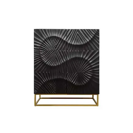 Buffet haut SCORPION 120 cm – Bois massif de manguier noir sculpté à la main, piètement doré
