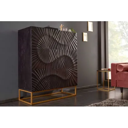 Buffet haut SCORPION 120 cm – Bois massif de manguier noir sculpté à la main, piètement doré