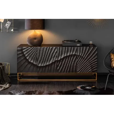 Buffet SCORPION 177 cm – Bois massif de manguier noir sculpté à la main, piètement doré 2