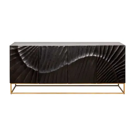 Buffet SCORPION 177 cm – Bois massif de manguier noir sculpté à la main, piètement doré