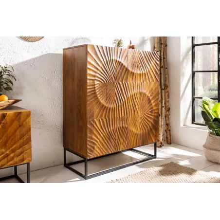 Buffet haut SCORPION 120 cm – Bois massif de manguier brun sculpté à la main, piètement noir