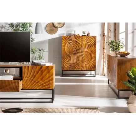 Buffet haut SCORPION 120 cm – Bois massif de manguier brun sculpté à la main, piètement noir 2