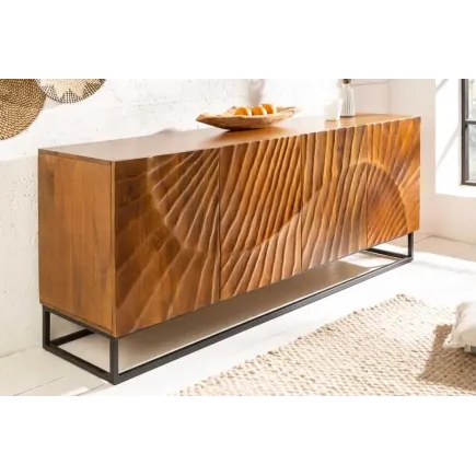 Buffet SCORPION 180 cm – Bois massif de manguier brun sculpté à la main, piètement noir 2