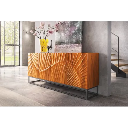 Buffet SCORPION 180 cm – Bois massif de manguier brun sculpté à la main, piètement noir