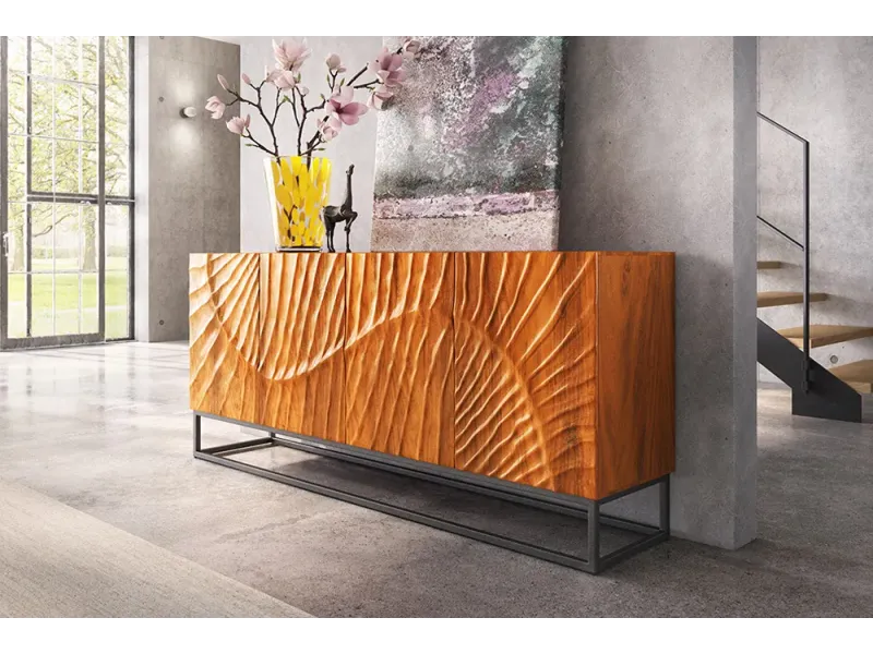 Buffet SCORPION 180 cm – Bois massif de manguier brun sculpté à la main, piètement noir