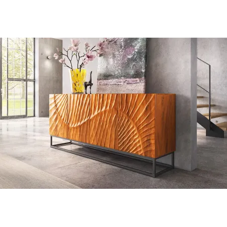Buffet SCORPION 180 cm – Bois massif de manguier brun sculpté à la main, piètement noir