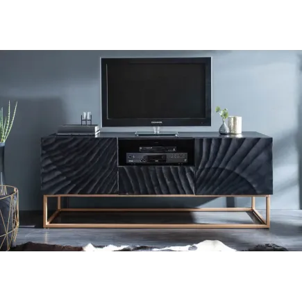 Meuble TV SCORPION 160 cm – Bois massif de manguier noir sculpté à la main, piètement doré