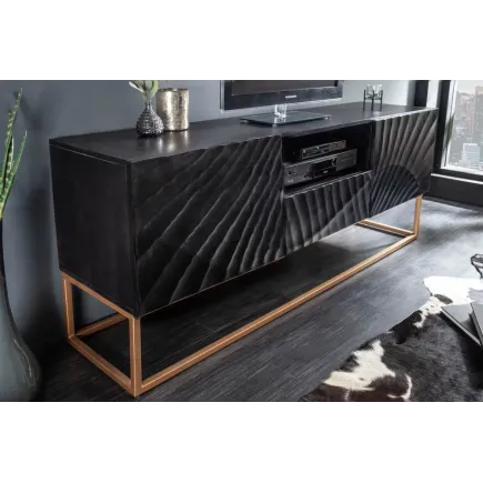 Meuble TV SCORPION 160 cm – Bois massif de manguier noir sculpté à la main, piètement doré 2