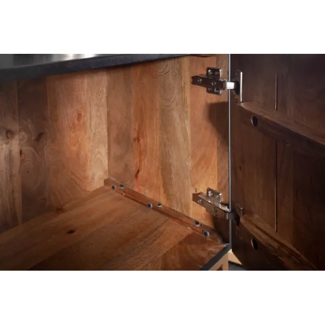 Meuble TV SCORPION 160 cm – Bois massif de manguier noir sculpté à la main, piètement doré