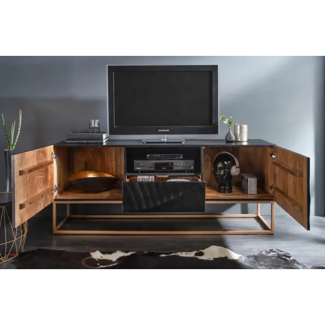 Meuble TV SCORPION 160 cm – Bois massif de manguier noir sculpté à la main, piètement doré