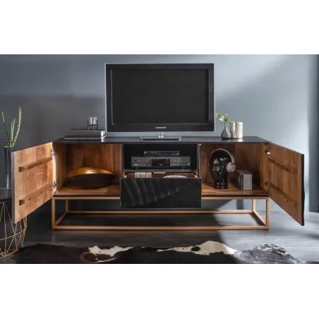 Meuble TV SCORPION 160 cm – Bois massif de manguier noir sculpté à la main, piètement doré