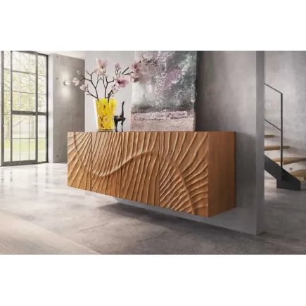 Buffet mural SCORPION 180 cm – Bois massif de manguier brun, façade 3D sculptée à la main