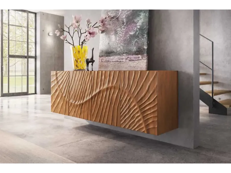 Buffet mural SCORPION 180 cm – Bois massif de manguier brun, façade 3D sculptée à la main