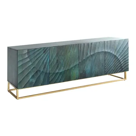Buffet SCORPION 180 cm – Bois massif de manguier turquoise, détails dorés et façade 3D sculptée