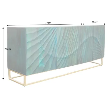 Buffet SCORPION 180 cm – Bois massif de manguier turquoise, détails dorés et façade 3D sculptée