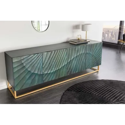 Buffet SCORPION 180 cm – Bois massif de manguier turquoise, détails dorés et façade 3D sculptée 2