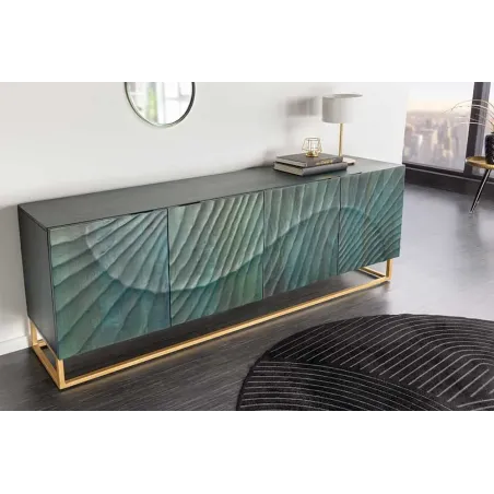 Buffet SCORPION 180 cm – Bois massif de manguier turquoise, détails dorés et façade 3D sculptée